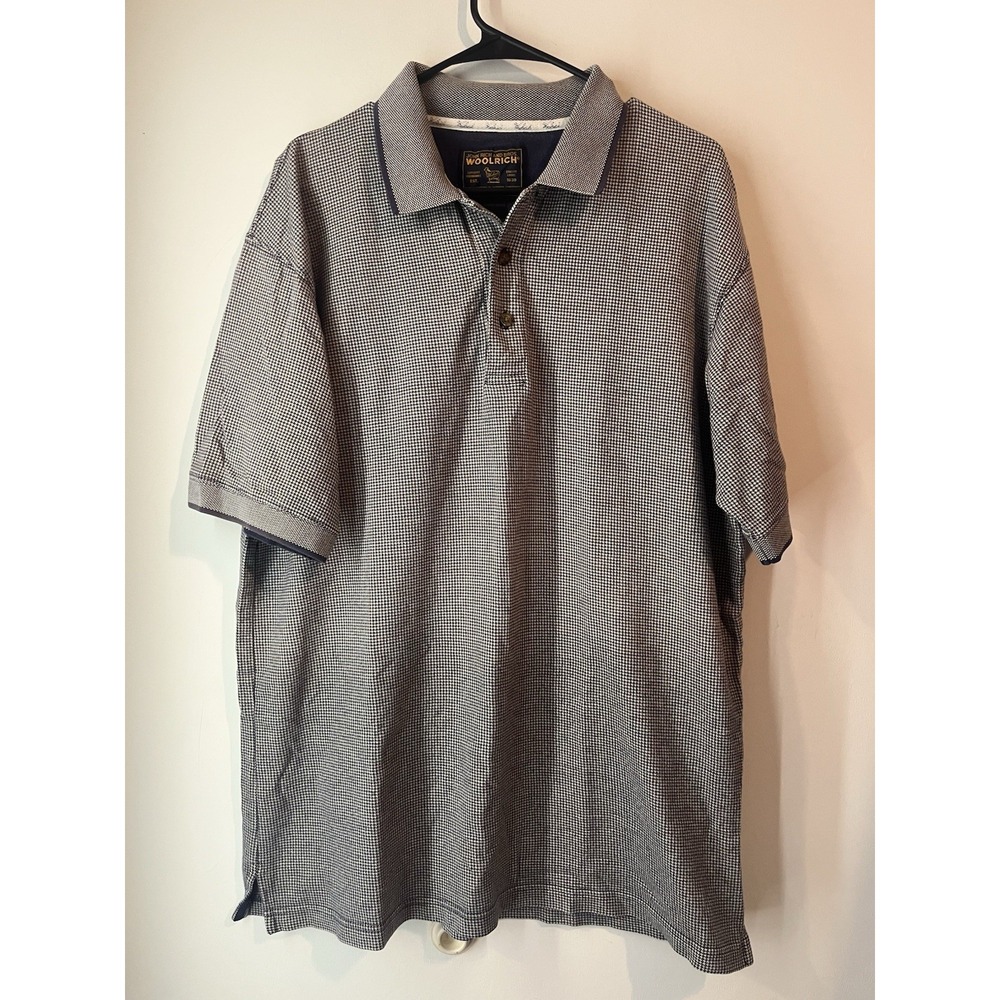 Vintage Woolrich‎ Polo Shirt Short Sleeve Herringbone Blue Gray Size Large
